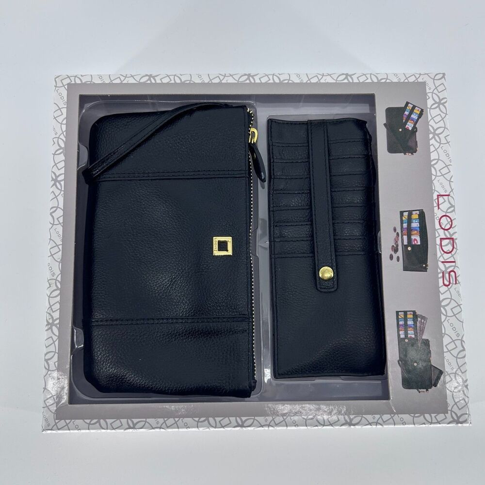 NWT Lodis Olivia Black Italian Pebble Leather Wristlet and Wallet Combo
